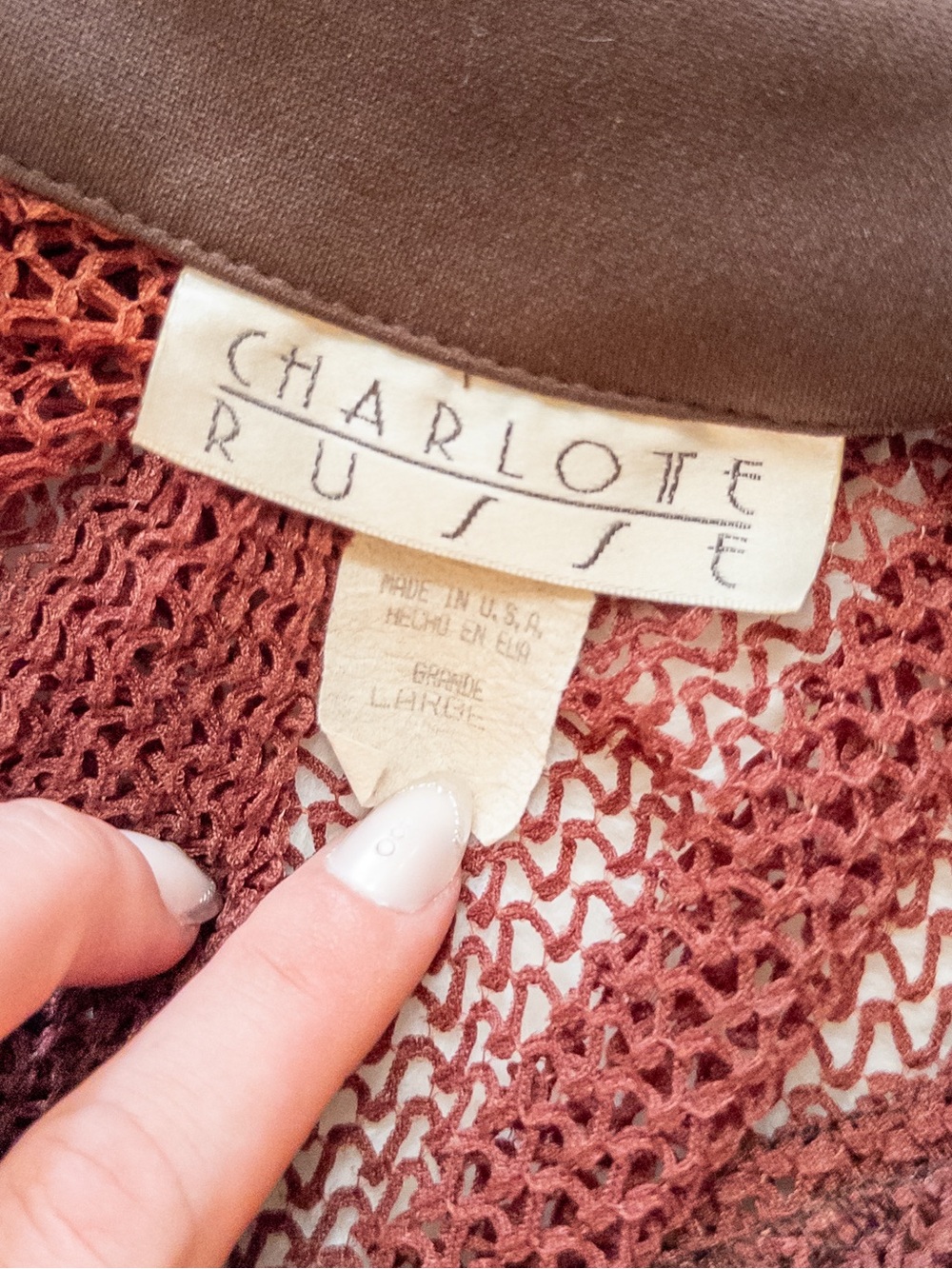 Vintage Charlotte Russe Sheer Crochet Top, Collared, Rust & Brown, Size Large - Picture 5 of 9